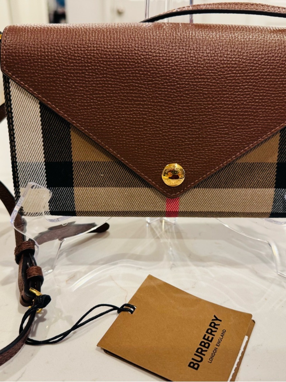 Burberry Brown Leather and Beige Check Envelope Crossbody